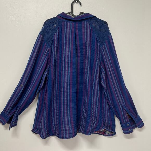Vintage America 2X Plaid Stripe Button Shirt – Crochet Shoulder, Made in India - Picture 3 of 9